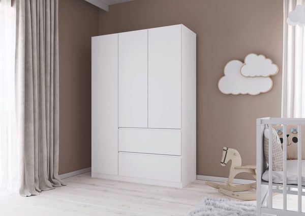 rauch Costa Kleiderschrank, 3-türig, 2 Schubladen, push-to-open, mit Zubehör Classic, Farbe Weiß, BxHxT 136x197x54cm