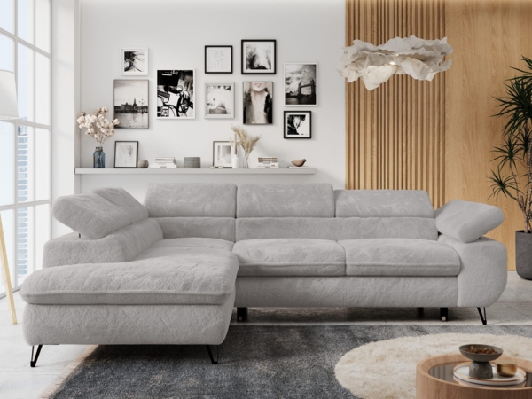 Ecksofa mit Bettfunktion, Modern Sofa, L-form, Einstellbare Kopfstützen, Bettkasten - PETER - Hellgrau Plüsch - Topper T25 - links
