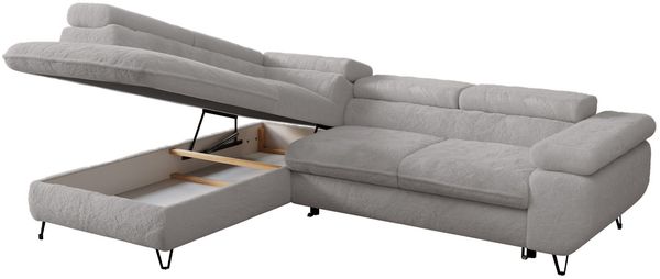Ecksofa mit Bettfunktion, Modern Sofa, L-form, Einstellbare Kopfstützen, Bettkasten - PETER - Hellgrau Plüsch - Topper T25 - links Bild 3
