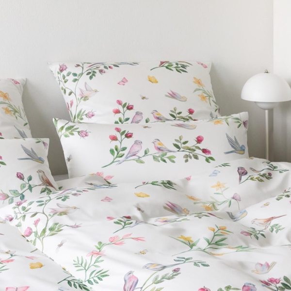 Elegante Mako Satin Bettwäsche Songbird 24525-0 Vögel Weiß 135x200