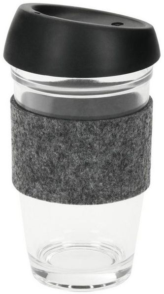 elasto Becher 500ml Kaffeebecher aus Glas mit Silikon-Deckel inkl Filzmanschette, Coffee Mug, Teeglas, Kaffeeglas, Heißgetränke, Filzmanschette, To-Go