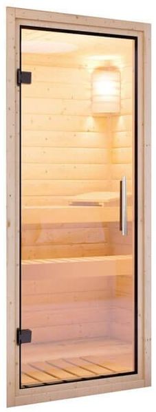 Karibu Sauna Sodin + 9kW Saunaofen mit ext. Steuerung Easy Klarglas Ganzglastür