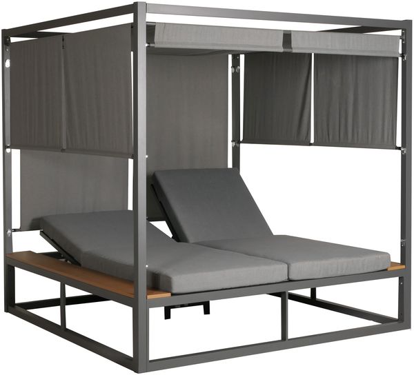 Aluminium Lounge-Gartenliege HWC-M63, Sonnenliege Bali-Liege Doppelliege Outdoor-Bett Daybed, 10cm-Polster ~ hellgrau