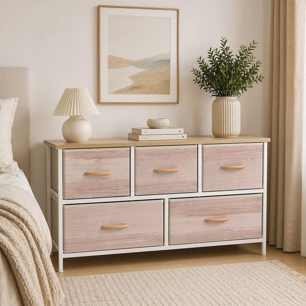 HOMCOM Kommode mit 5 Schubladen aus Stoff (Schrank, 1 St, Aufbewahrungsschrank), für Wohnzimmer, Schlafzimmer, 100 x 30 x 51,5 cm