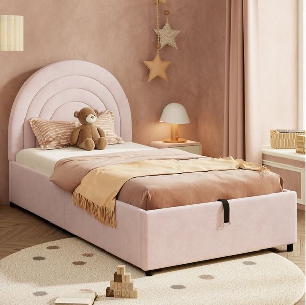 MODFU Polsterbett Stauraumbett Kinderbett mit gepolstertem Kopfteil (Einzelbett, Jugendbett, 1-tlg, 90*200 cm, ohne Matratze, Samt), mit hydraulischem Stauraum und geräuschdämpfenden Füßen