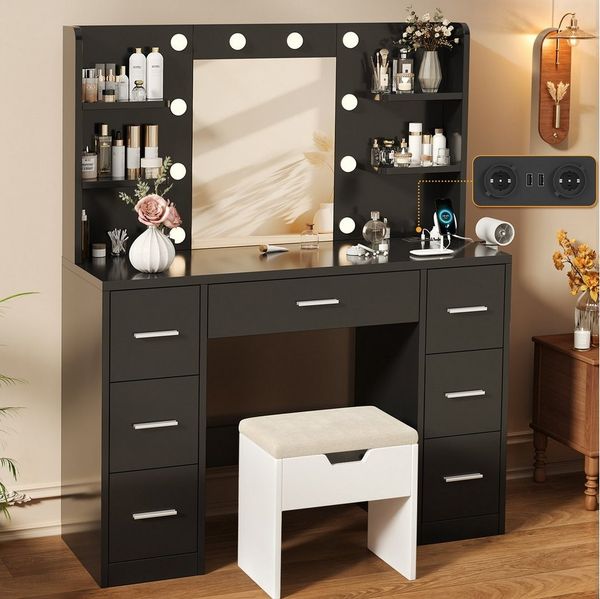 HOMALL Schminktisch Mit dreifarbiger LED-Beleuchtung, mit Spiegel, optional mit Hockern (Maße: 110 x 40 x 137 cm, mit 10 kugelförmigen Lampen, deren Helligkeit und Farbtemperatur einstellbar sind, sowie einer Schublade. Ausgestattet mit 1 USB-Anschluss...