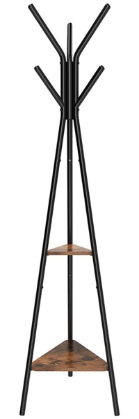 Vintage Garderobenständer in Baumform, Kleiderständer, freistehende Garderobe, im Industriedesign, mit 2 Ablagen, für Kleidung, Hüte, Taschen, schwarz + dunkelbraun, RCR16BX
