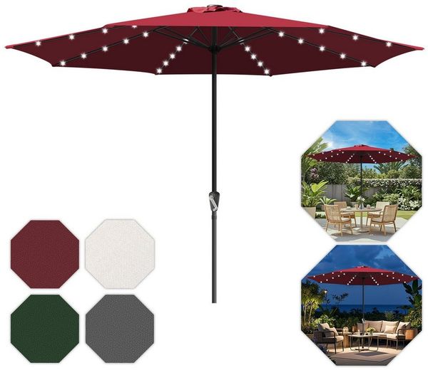 Clanmacy Sonnenschirm Sonnenschirm Rund,Kurbel,Knickbar,Eisen,LED,350cm,Rot