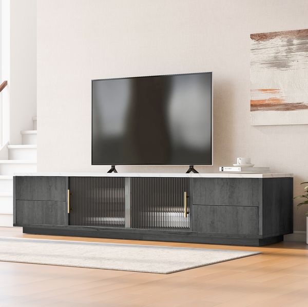 TV-Lowboard 160 x 40 x 38,5 cm mit 4 Schubladen & 2 Glastüren – TV-Schrank aus MDF in Grau