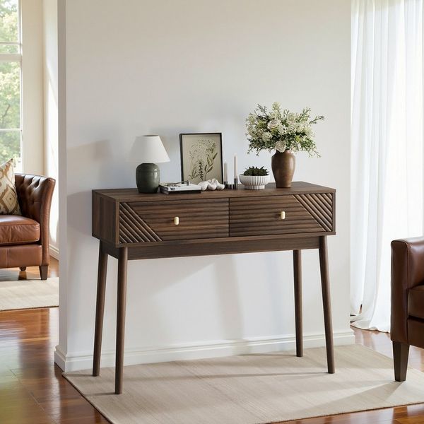 IDEASY Schreibtisch Mid-Century Konsolentisch mit Schubladen in Walnuss, Walnuss-Konsolentisch mit Schubladen für Flur & Wohnzimmer