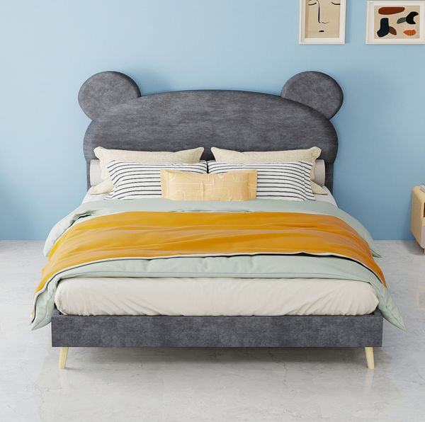 Kinderbett 140x200 cm in Grau mit Bärenohr-Polsterkopfteil – modernes Bett aus Stoff und Metall
