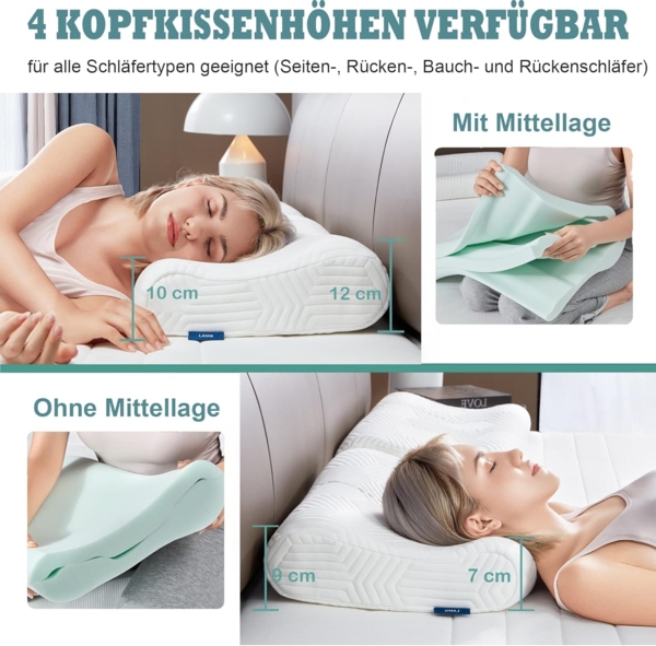 LAMB Höheneinstellbares Memory Foam Nackenstützkissen, Polyester, Weiß, 60x36 cm Bild 3