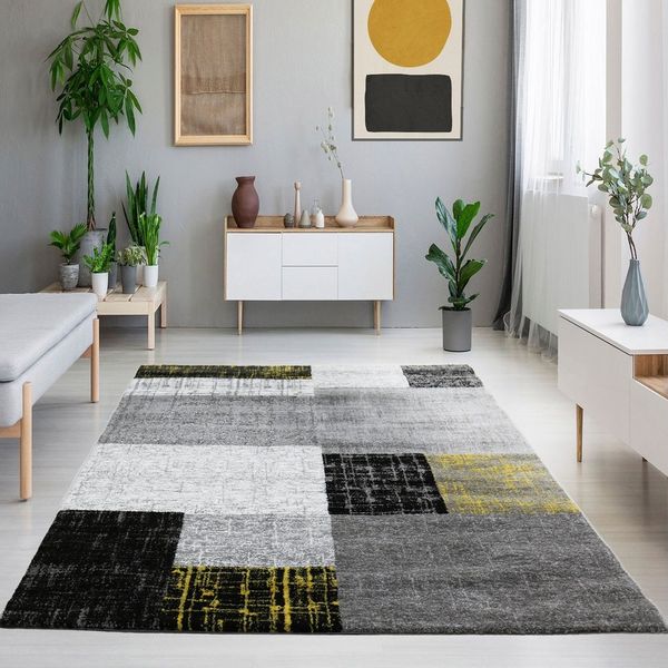 Vimoda Teppich Wohnzimmer Klassisch Karo- kariert Design, Rechteckig, Höhe: 5 mm, Läufer Kachel Optik in Türkis Grau Gelb & Lila Teppich Schlafzimmer