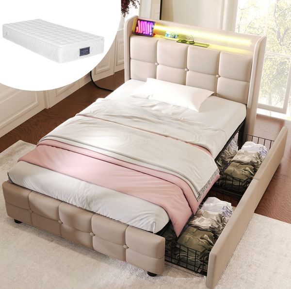 Polsterbett 90x200 cm mit Matratze, USB, Steckdosen, LED und 2 Schubladen – Einzelbett in Beige