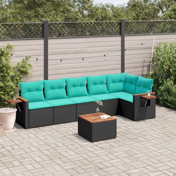 vidaXL 7-tlg. Garten-Sofagarnitur mit Kissen Schwarz Poly Rattan 3226834