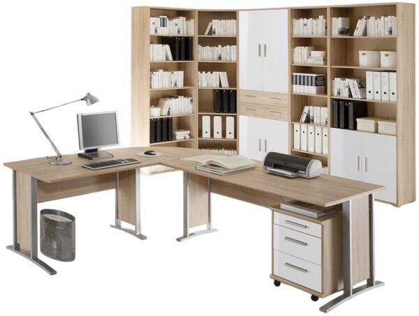 moebel-dich-auf Büromöbel-Set OFFICE LINE 220, (Komplett-Set, 7-tlg, Winkelschreibtisch mit Rollcontainer + Aktenschrank + 4 Aktenregale), in Eiche Sonoma / weiß