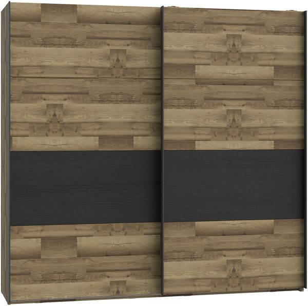 Schwebetürenschrank >JAKOBINA< 2 Türen, Stabeiche Dekor / Schwarz Eiche - 220,1x210,5x61,2cm (B/H/T)