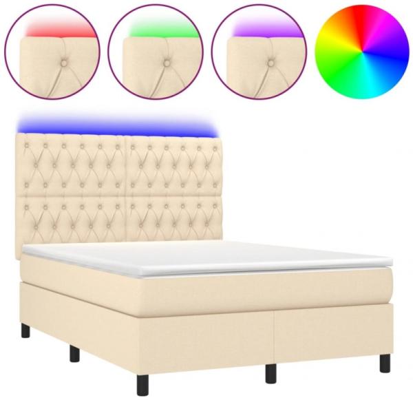 Boxspringbett mit Matratze & LED Stoff Creme 140 x 200 cm, Härtegrad: H2 [3135122]