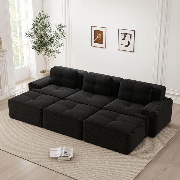 Sofa Schwarz aus Cord mit modularer Form, 74 cm Tiefsitz, weiche 32D-Schaum-Polsterung,69x293x177 cm