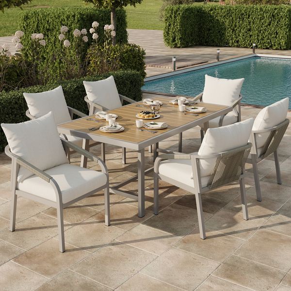 Merax Garten-Essgruppe für 6 Personen, Gartenmöbel-Set, bestehend aus 1 Tisch und 6 Stühlen, verzinktem Stahlrohr, Tischplatte aus Kunststoffholz, geflochtenem Seildesign, Khaki + Beige