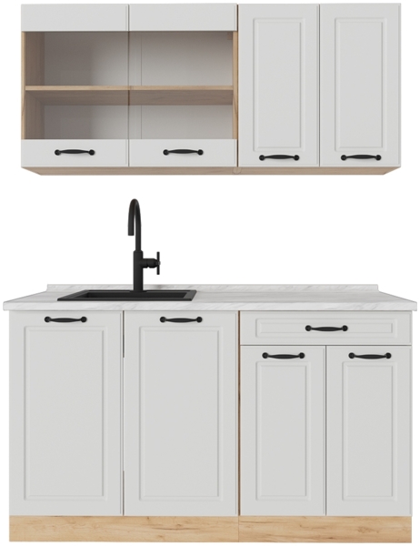 Singleküche R-Line Weiß Landhaus/Goldkraft Eiche 140 cm , AP Marmor Vicco