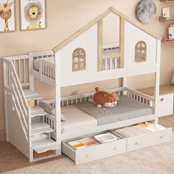 Novelux Etagenbett 90x200 cm mit Treppe, 2 Schubladen und Fallschutz – Kinderbett Hausbett aus Kiefer, MDF & Sperrholz in Weiß/Natur, Fensteroptik
