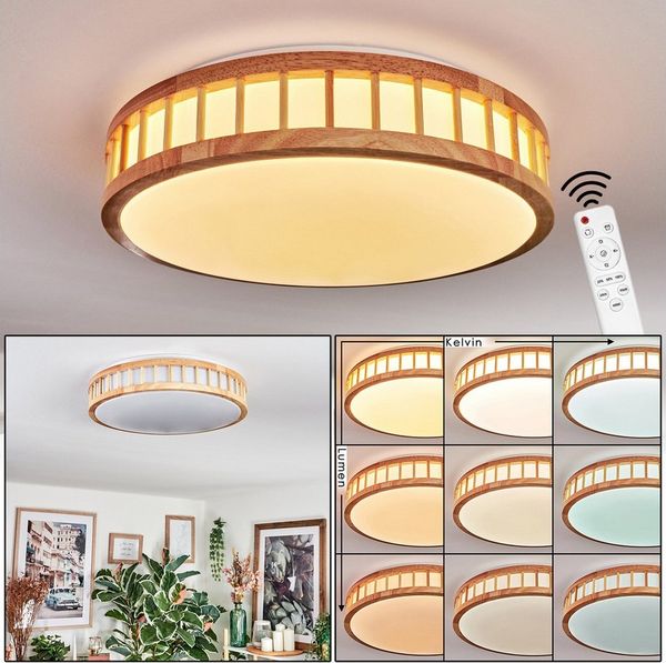 hofstein Deckenleuchte Deckenlampe aus Metall/Bambus/Kunststoff in Weiß/Natur, ohne Leuchtmittel, im modernen Boho-Design, CCT einstellbar mit Fernbedienung
