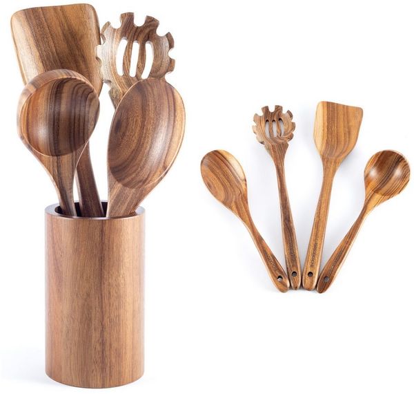 Hanseküche Küchenorganizer-Set Küchenhelfer Set, (Umfassendes Küchenset, 5-tlg, Holzlöffel und Nudelschöpfer, Grillzange, Schneebesen, Pfannenwender), Set aus Holz