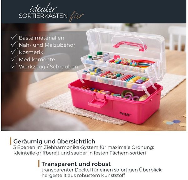 HMF Aufbewahrungsbox Nähkasten aufklappbar mit 3 Ebenen, Sortierbox mit 8 Fächern für, Kleinteile, 33 x 20 x 15 cm, Pink