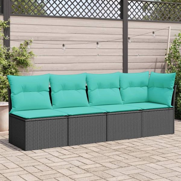 vidaXL Gartensofa mit Kissen 4-Sitzer Schwarz Poly Rattan 366026