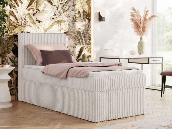Boxspringbett TILIANO 90x200 Cord inkl. Bettkasten, Einzelbett 7-Zonen Multipocket-Matratze & Topper, Modernes Design mit hohem Kopfteil - Beige Cordstoff - H3 - Topper Visco