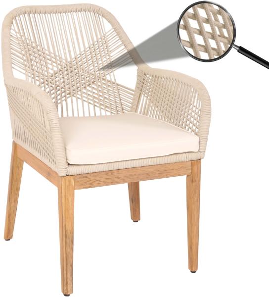 Gartenstuhl HWC-H56b, Sessel Outdoor Stuhl, wetterfest Seilgeflecht Rope Holz Akazie ~ beige Kissen creme-weiß