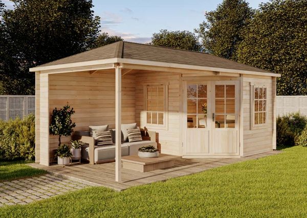 Alpholz 5-Eck Gartenhaus Mosel Gartenhaus aus Holz Holzhaus mit 40 mm Wandstärke inklusive Terrasse Blockbohlenhaus mit Montagematerial