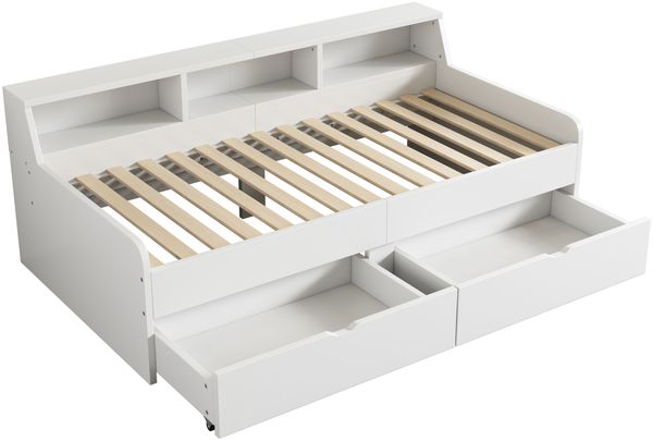 Bett 90x200 cm mit Stauraum und zwei Schubladen, weiß, Kiefer/MDF – minimalistisches Daybed Bild 7