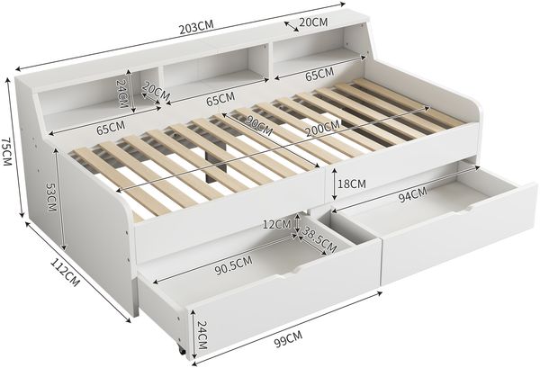 Bett 90x200 cm mit Stauraum und zwei Schubladen, weiß, Kiefer/MDF – minimalistisches Daybed Bild 4