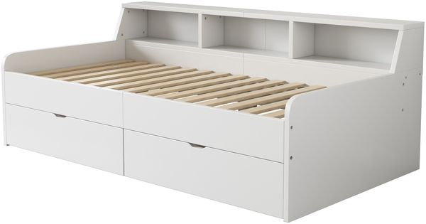 Bett 90x200 cm mit Stauraum und zwei Schubladen, weiß, Kiefer/MDF – minimalistisches Daybed Bild 10