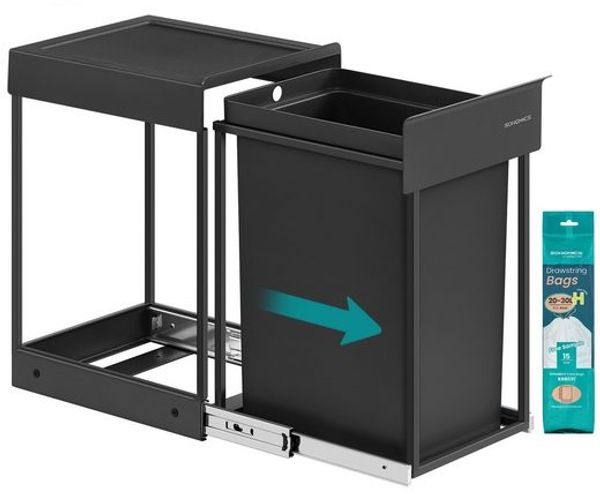 SONGMICS Mülleimer Küche, für Unterschrank, 1 x 20 L, Abfalleimer, ausziehbar, Stahlrahmen, schwarz