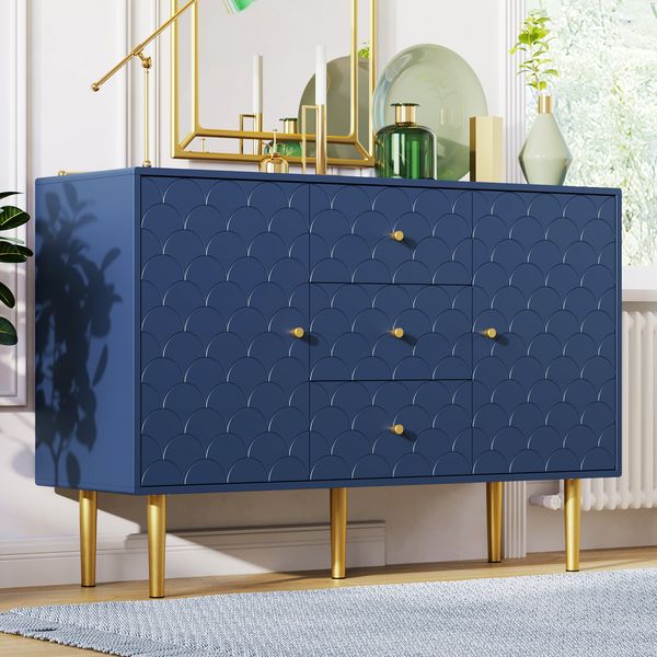 Kommode Schrank Sideboard mit Fischschuppenmuster Marineblau - Schubladen & Drehtüren, höhenverstellbar, kippsicher