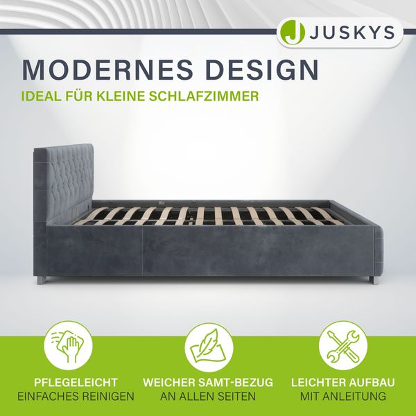 Juskys 'Nizza' Polsterbett mit Lattenrost, Bettkasten & LED Beleuchtung, Chesterfield-Steppung, Samtbezug, Grau, 120x200 cm, ohne Matratze