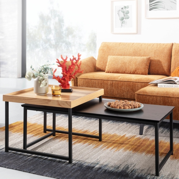 FINEBUY Satztisch FB31306 (2er Set Holz / Metall Sofatisch Eckig Eiche Modern), Beistelltisch 2-teilig, Couchtisch Wohnzimmer