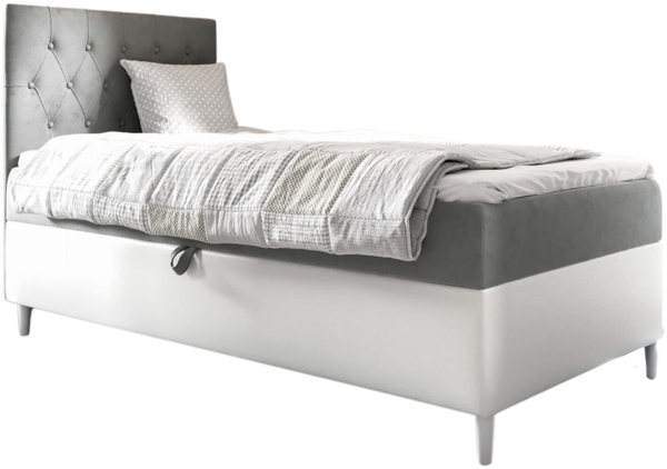 MEBLINI Kinderbett mit Bettkasten FILIPPO 1 90x200 Links – H3/Grau Samt Gepolstert Einzelbett mit Matratze - Polsterbett mit Stauraum - Bett mit Kopfteil – Stauraumbett