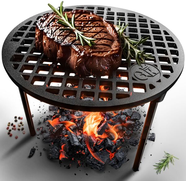 Grillrost 30 cm aus Gusseisen mit 3 abnehmbaren Beinen – Feuerstellen- & Lagerfeuerrost für Outdoor, Camping & Garten