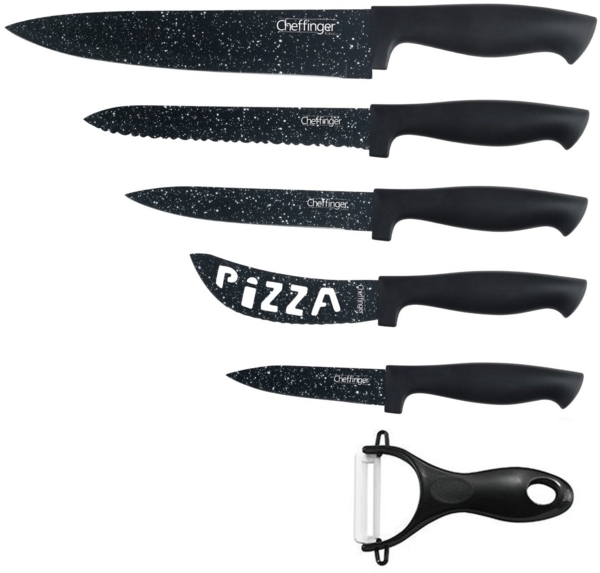 6 teiliges Messerset (5 Messer & 1 Sparschäler) in Klappbox mit Magnetverschluss scharfe Messerklingen Küchenmesser Chefmesser Pizzamesser Motiv 1