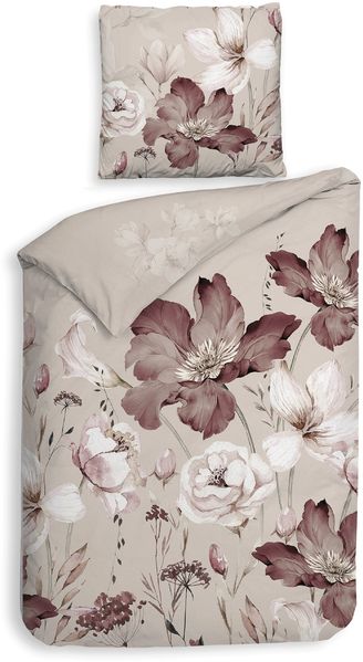 Heckett & Lane Mako-Satin Bettwäsche 135x200 Marie natural Bumen Blüten aubergine