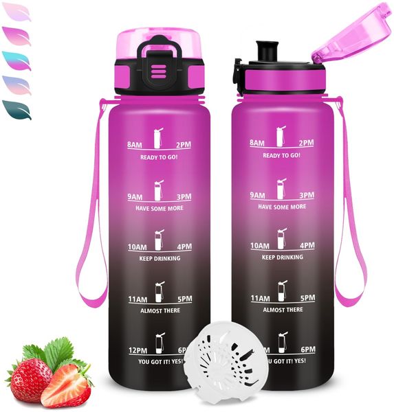 Grsta Trinkflasche Kinder- 500ml- Wasserflasche, Trinkflasche Kohlensäure Geeignet, mit Zeitmarkierung, Leicht zu Reinigen, mit Uhrzeit, Flasche für Schule, Büro, Outdoor, Camping, Fitness, Running