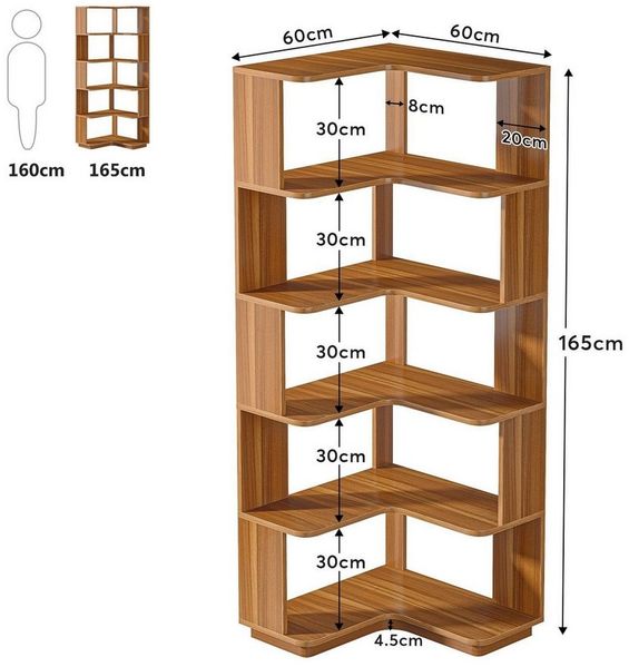 Celya Bücherregal Standregal 6 Etagen, 165cm hohes Eckregal mit Anti-Drop-Panel