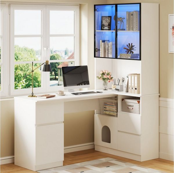 MODFU Hochschrank Eckschreibtisch mit LED-Vitrine (Ecktisch, Highboard, 1-St, 3 Schubladen, 4 Türen, offenen Fächern, Haustierfach) mit Kabeldurchlass, eingebautem Bücherregal