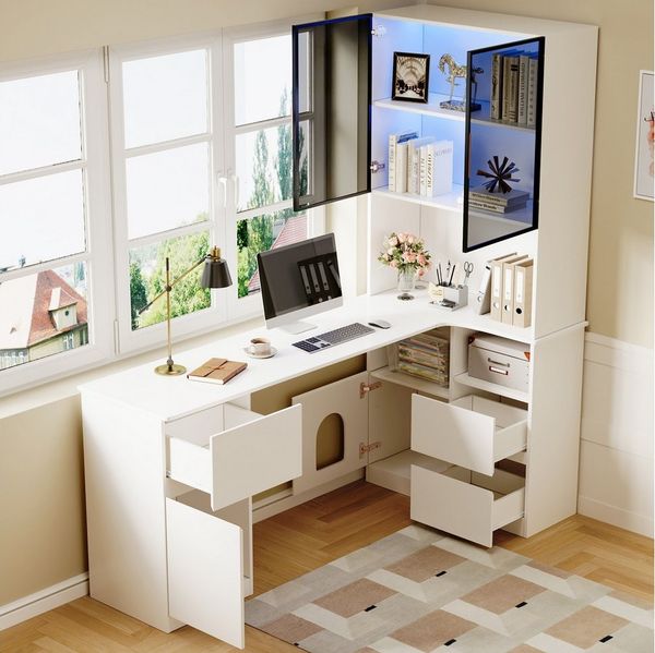 MODFU Hochschrank Eckschreibtisch mit LED-Vitrine (Ecktisch, Highboard, 1-St, 3 Schubladen, 4 Türen, offenen Fächern, Haustierfach) mit Kabeldurchlass, eingebautem Bücherregal
