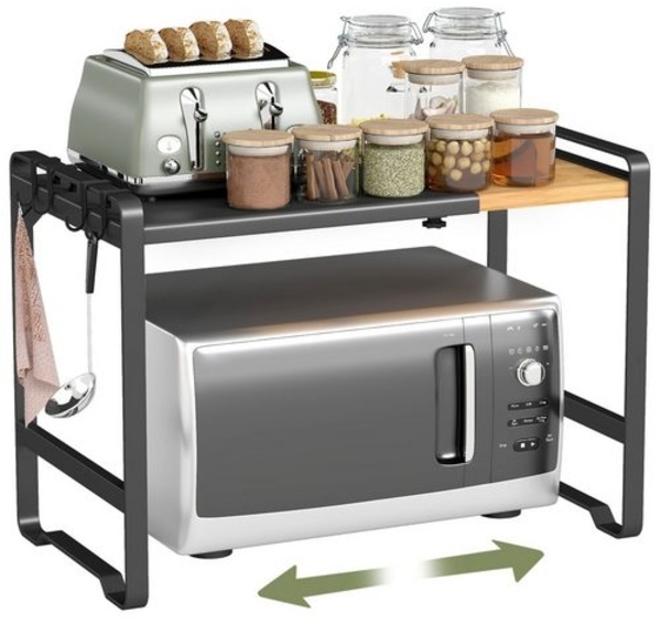 SONGMICS Erweiterbares Mikrowellen-Regal, Mikrowellenständer, 41,5-64 cm verstellbare Breite, Küchenregal für Arbeitsplatte, Stahl und Bambus, 4 Haken, tintenschwarz-naturbeige