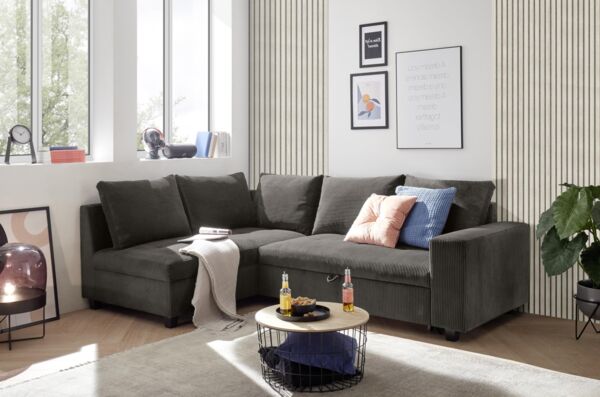 Ecksofa L-Form aus Cordstoff mit Schlaffunktion, braun (Mocca) – Liegefläche 147 × 207 cm, Breite 243 cm, Sitzhöhe 45 cm, Modell MIRA